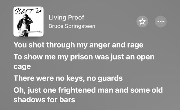 BEST OF
Living Proof
Bruce Springsteen
You shot through my anger and rage
To show me my prison was just an open
cage
There were no keys, no guards
Oh, just one frightened man and some old
shadows for bars