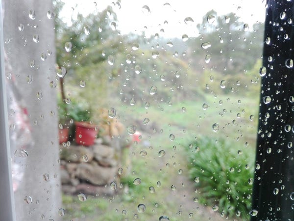 Gotas de chuva a deslizar pelo vidro de uma janela.