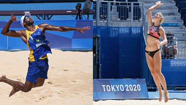 Men's Olympic volleyball outfit: ball cap; loose-fitting, long tank top; and just-about-knee-length, loose shorts. The man is basically covered from chest to knees.

Women's Olympic volleyball outfit: tight and small a bikini top and bottoms. 
