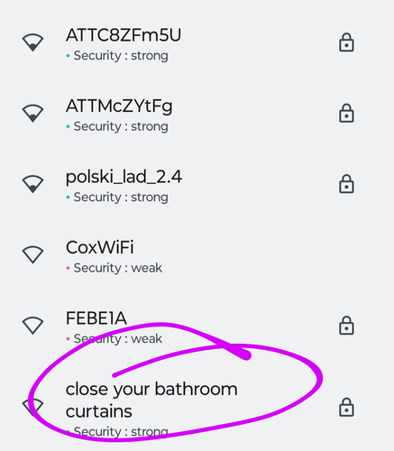 The aforementioned screenshot. The list of Wi-Fi names is relatively benign until you get to the final one: "close your bathroom curtains" 😆🤣