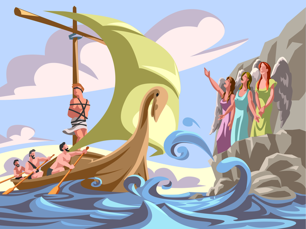 Illustration of the tale of Ulysses, bound to the mast of his boat, so he's able to listen to the song of the Sirens (on a nearby cliff) without becoming enchanted by them.

CC Non-commercial license, source:
https://www.wannapik.com/vectors/59924
