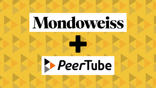 The logos for Mondoweiss and PeerTube are seen on top of an orange background with a field of the PeerTube logos.