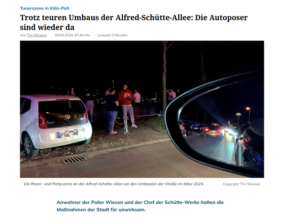 Artikel: "Trotz teuren Umbaus der Alfred-Schütte-Allee: Die Autoposer sind wieder da"