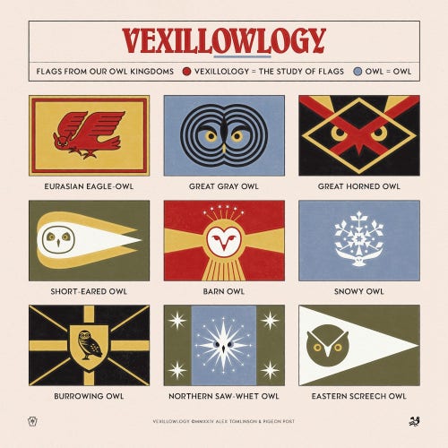 Vexill -owl -ogy. 
La vexillologie c'est l'étude des drapeaux, ici cette image présente 9 drapeaux stylisés avec des motifs de hibou dedans. 