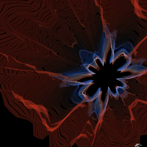A ten-pointed sketchy star-shaped area is picked out in blue and white on the left. Flowing from it are streamers of deep red. The background is black. It is the mysterious portal in the cave. It is the rip in the cosmos. It hovers on the borderland between natural and artificial. Creepy.