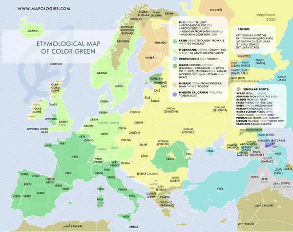 Etymology map of color green