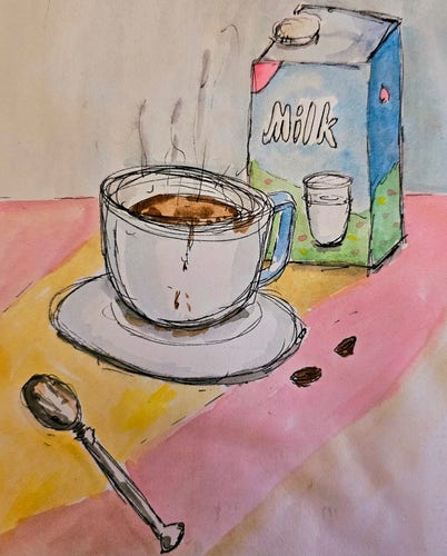 Aquarell: a cup of coffee, a spoon and a bottle milk 
Aquarell: ein Löffel, eine Tasse Kaffee und ein Tetrapack Milch