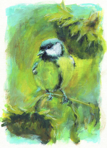 Great Tit with Sunflower Seeds is an acrylic painting in portrait format painted by artist Karen Kaspar. A great tit (Parus Major) or Greater titmouse sits on a faded sunflower and chooses sunflower seeds for breakfast or lunch.
I had the pleasure of watching these pretty little birds in my garden as they enjoyed their breakfast of sunflower seeds from the wilted sunflowers in my garden. 