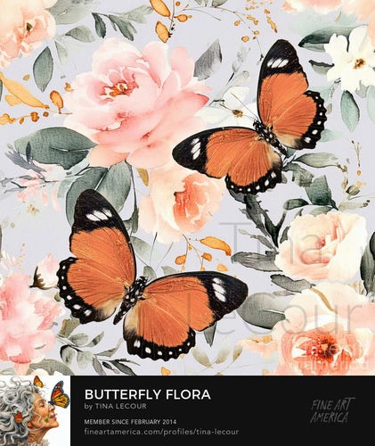 This is a botanical floral of a pair of orange and black butterflies fluttering over a pale peachy rose and gray floral  watercolor background. 