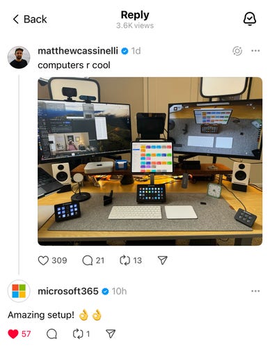 Screenshot of the Microsoft 365 account on Threads replying “Amazing setup! 👌👌” in reply to Matthew’s desk setup that is full of Apple products