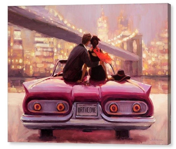 Canvas print of an original oil painting by Steve Henderson depicting a couple on date night overlooking the sites of New York City.