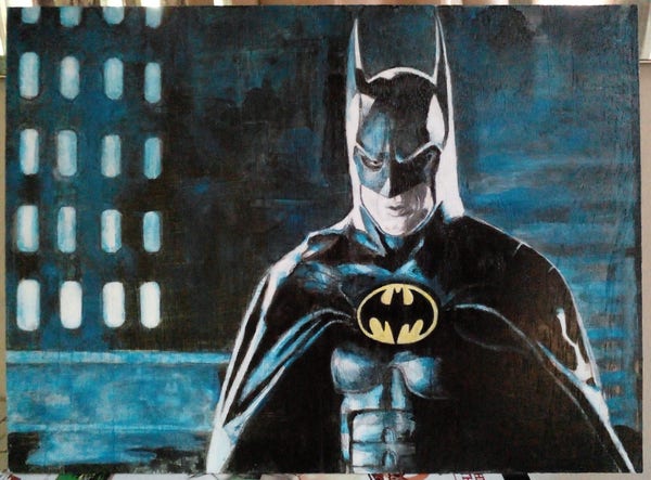 a painting of Batman from the 1989 movie, seen from his abdomen up, on a rooftop looking to the left of the viewer 