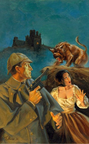 Sherlock Holmes brandishes a pistol as Miss Stapleton is threatened by a hound that is more impressive than any filmed version has managed.