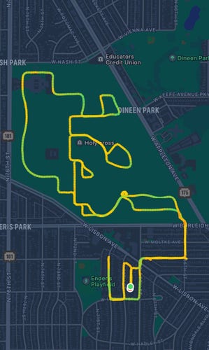 Map of a bike ride, mostly in Holy Cross Cemetery. 
