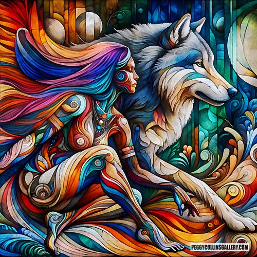 Colorful symbolic artwork of a woman sitting next to a huge wolf with a full moon in the background, by artist Peggy Collins.