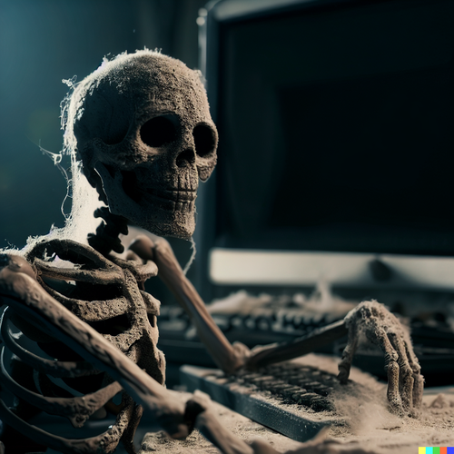 a dusty skeleton sitting at a desk