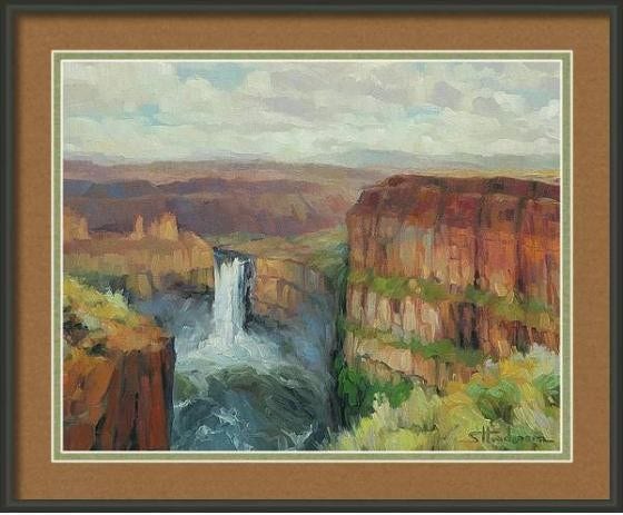 Framed print of an original oil painting depicting a waterfall cascading over a cliff.