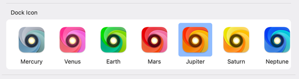 A row of colorful icons, with each one named after a planet. They all have the same pattern or swirls around a glowing circle at the center. Mercury is blue and ray, Venus pink and violent, Earth is green and Mars is red, Jupiter runs from yellow to red-orange, Saturn is yellow and orange, Neptune is shades of teal and blue. Uranus, not pictured in the image, is purple.