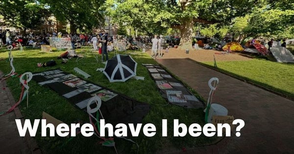"Where have I been?" text laid over a picture of a section of the UNC Chapel Hill quad at Polk Place where a Vietnam anti-war memorial was being constructed.