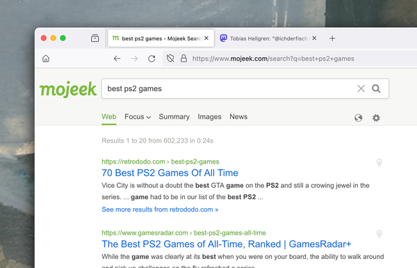 A screenshot of Mojeek results page for the query "best ps2 games" and the top result is from RetroDodo