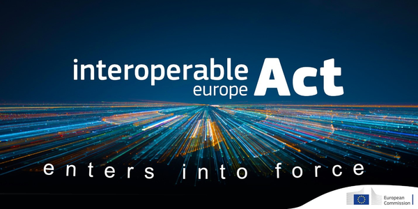 Text on a colourful, digital looking background, says: Interoperable Europe Act enters into force