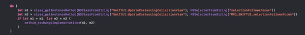 Disabling selectionFollowsFocus on SwiftUI.UpdateCoalescingCollectionView using swizzling