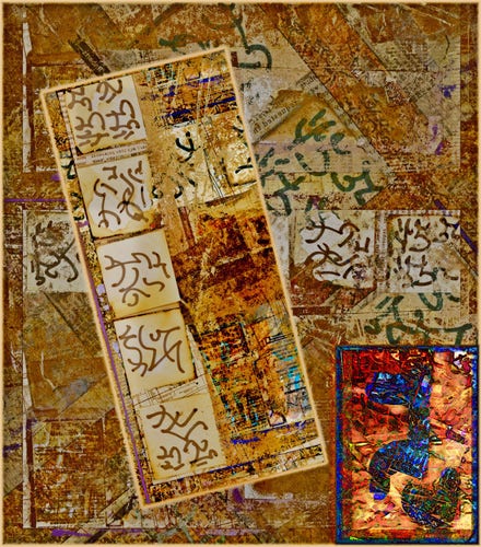 The composition has colour elements that emulate old manuscripts and illuminated manuscripts. The elements are all scrambled and mixed together. They primarily consist of small square pieces with asemic glyphs. Small bits of text are also visible. 