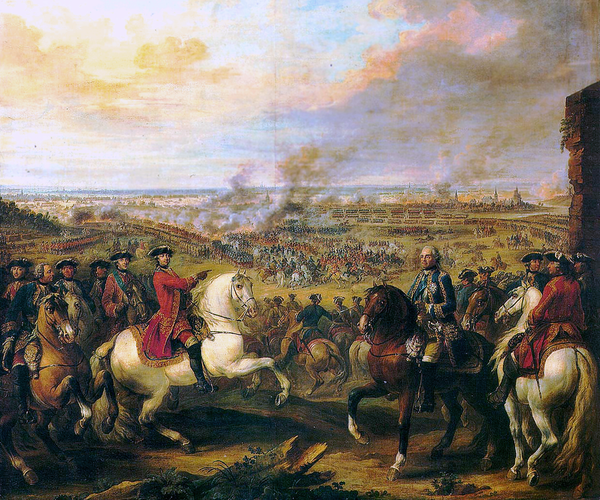 Peinture historique représentant la bataille de Fontenoy. Des soldats à cheval en uniformes militaires distincts sont au premier plan, tandis que des troupes engagées dans le combat sont visibles en arrière-plan. Le ciel est rempli de nuages épais, et des fumées s’élèvent du champ de bataille.