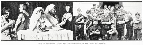 Black-and-white photo montage: War on Diphtheria Among the School Children of the Auckland District. 1925. Desciption: Two photos: on the left, three nurses prepare and administer vaccines to two schoolgirls; on the right a group of about 20 schoolboys show off their arms after treatment. Citation: Auckland Weekly News, 3 December 1925, p. 45. Auckland Libraries Heritage Collections AWNS-19251203-45-02. https://kura.aucklandlibraries.govt.nz/digital/collection/photos/id/250737