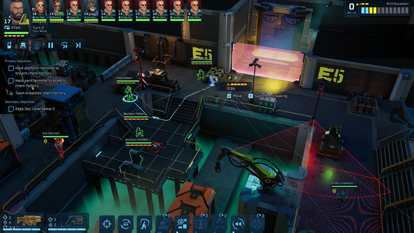 Screenshots from Cyber Knights: Flashpoint. Isometric turn-based tactics gameplay. An XCOM-like HUD shows an initiative order of characters under the player's control with various enemies mixed in, and a security level meter that reacts to the player going loud or choosing to take a more stealth game approach.