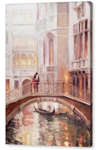 Canvas print of an original oil painting depicting a color standing on a bridge overlooking a canal in Venice, Italy.