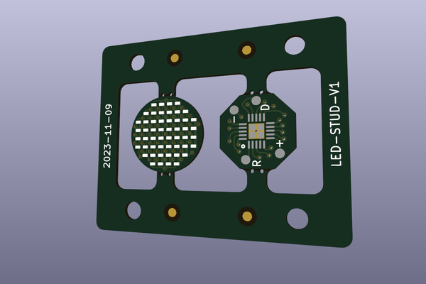 Screenshot of a 3D rendering of the two PCBs. A PCB frame is holding them to allow aligning & soldering two of these frames back-to back and then cut them out. The left board contains the 8×8 LED matrix (with some LEDs missing due to it being a circular PCB). The right one is an octagonal PCB with pads for a QFN microcontroller as well as circular pads labeled "+", "-", "R" and "D".