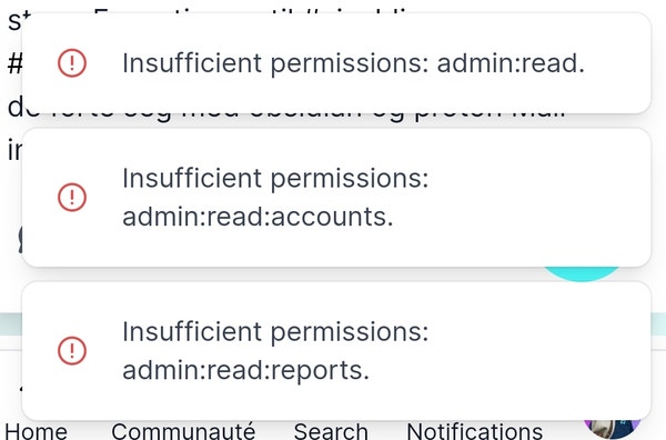 Screenshot showing three error notifications about "Insufficient permissions" for various admin functions on a website. The three errors displayed are "admin:read", "admin:read:accounts", and "admin:read:reports".
