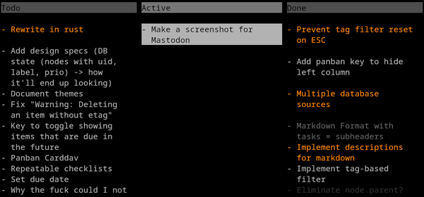 A screenshot of panban, showing 3 columns (Todo, Active, Done) with various items related to panban development itself. The active todo item says "Make a screenshot for Mastodon"