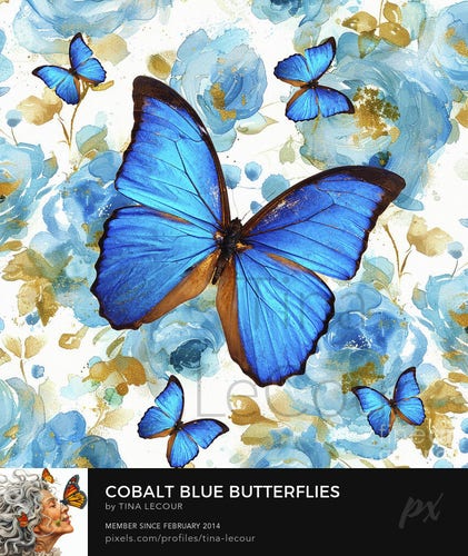 This is an image of a collage of 5 blue butterflies with one big one in the middle and smaller ones around it with a blue and gold floral background. 