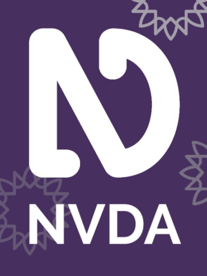 Mockup of NVDA product box including NVDA logo in white with NVDA beneath, and sunburst designs in grey around edge, all on purple background.
