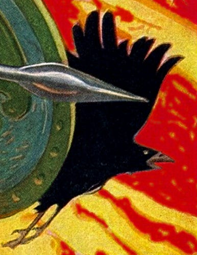 Morrigan, detail of Battle Crow by Joseph Christian Leyendecker (1874 - 1951), cropped and colours adjusted by CorbieVreccan 2 July 2016, public domain