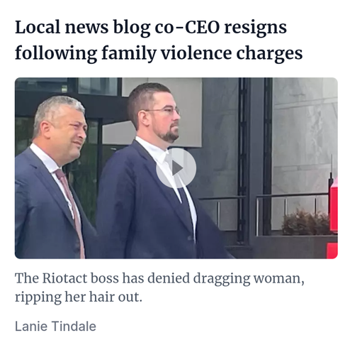Canberra Times headline "Local news blog co-CEO resigns following family violence charges"