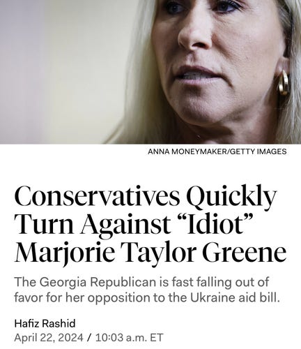 Headline Conservatives Quickly Turn Against “Idiot” Marjorie Taylor Greene

Bitch ass news media always painting conservative in the most generous light while saying Biden just gave a bunch of people money here’s why it’s bad for Biden 