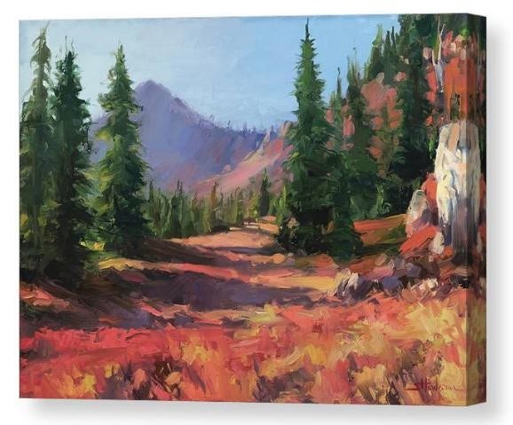 Canvas print of an original oil painting depicting a wilderness scene of mountains, trees, and meadow.