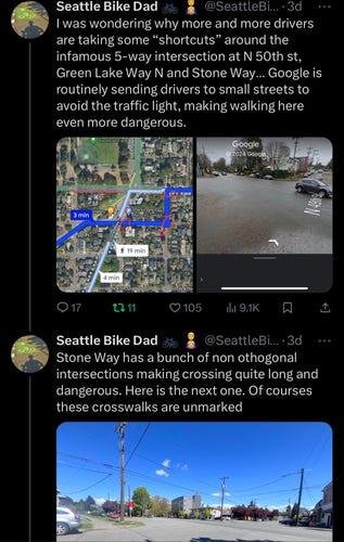 Screenshots from Seattle Bike Dad on X showing Google driving directions sending people onto N 49th Street to cross Stone Way. 