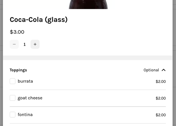 An order page for a glass bottle of Coca-Cola. Three types of cheese are offered as toppings.
