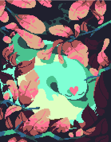 a pixel art of a noodle-shaped spirit sleeping in curled amidst damaged pinkish leaves.