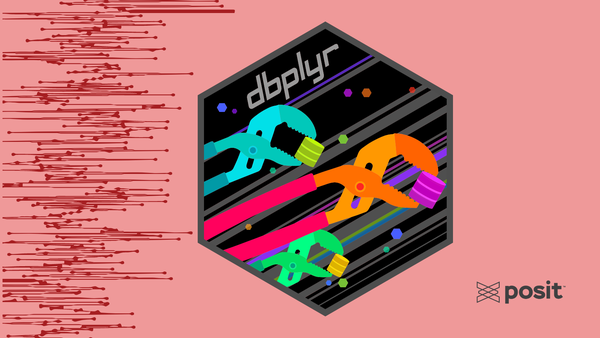 The dbplyr hex sticker on a pink background with the Posit logo