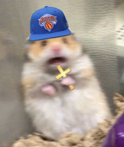 A hamster that's a Knicks fan, holding a cross and praying for the best.