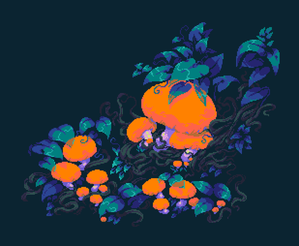 A pixel art of round orange button mushrooms sitting among blue leaves and roots.