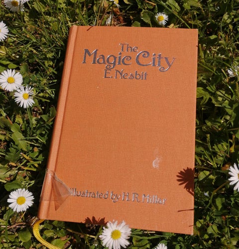 The book The Magic City in the grass