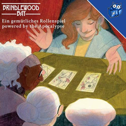 Promotionsbild für 'Brindlewood Bay', ein gemütliches Rollenspiel powered by the Apocalypse. Drei ältere Damen des örtlichen Krimi-Clubs betrachten konzentriert Karten auf einem Tisch. Im Hintergrund lächelt eine weitere Frau mit roten Haaren. Über ihnen prangt der Titel 'Brindlewood Bay'.