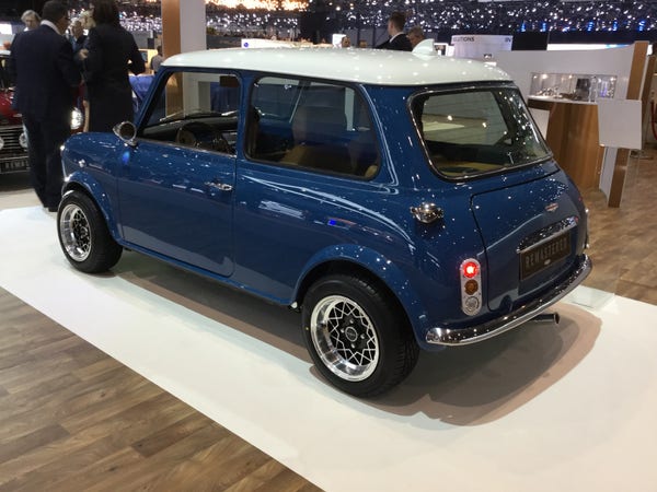 Blue Mini Remastered with white roof  by David Brown Automotive, rear quarter view
