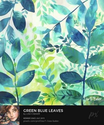 A variety of green and blue leaves are overlaid against a light background, creating a tranquil botanical scene. Multiple shades and shapes of foliage convey depth and an organic feel, suggesting a lush, natural environment. 
